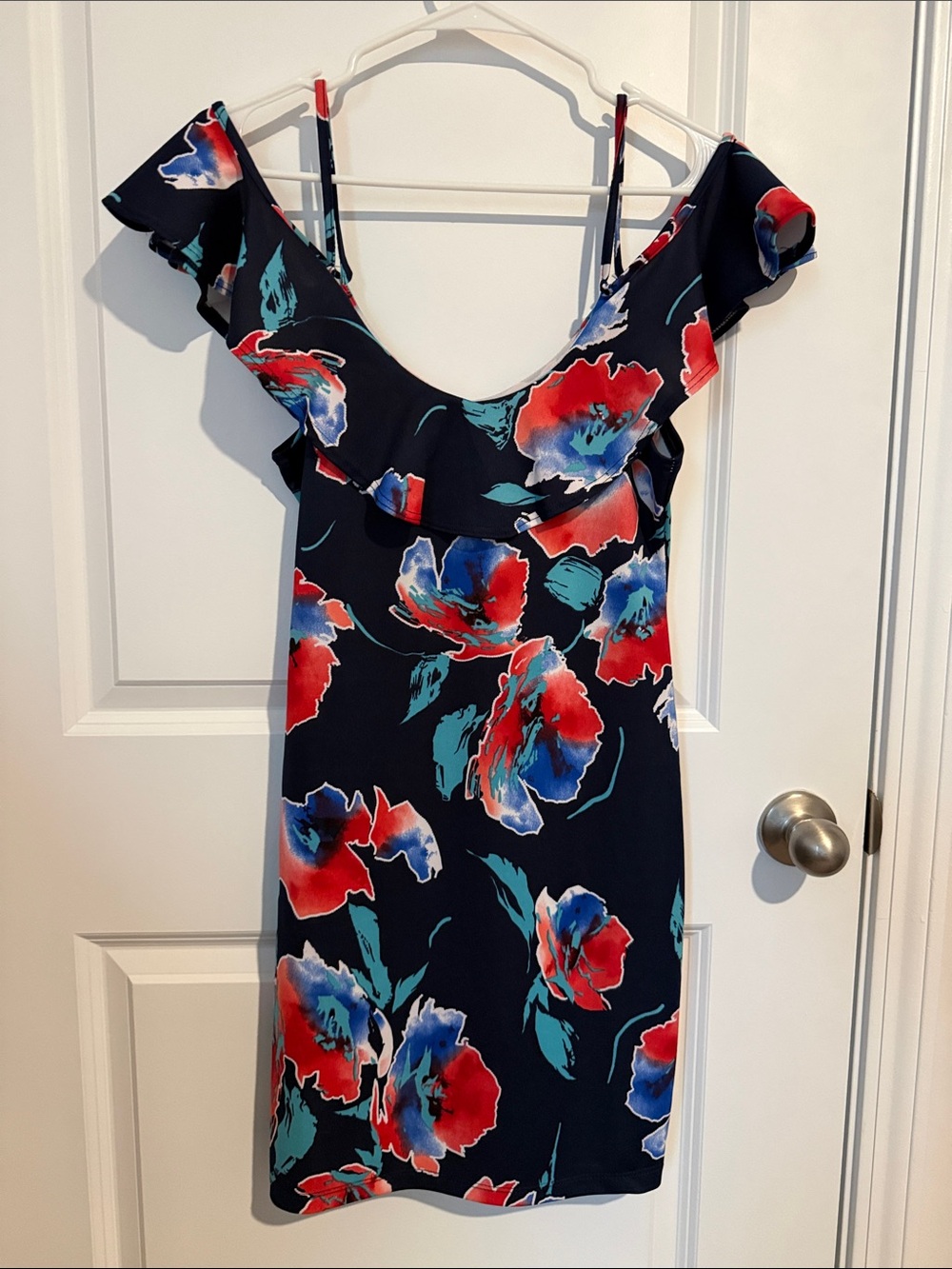 Navy Floral One-Shoulder Dress with Red & Blue Blooms
